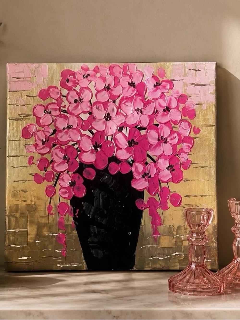 Pink Floral Canvas Art + Pink Glass Candle Holders 🌸✨